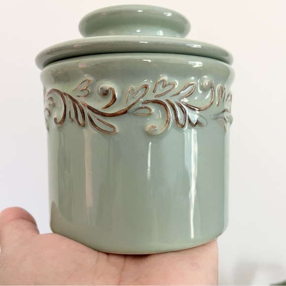 Butter Bell Crock Sea Spray Antique Green w Vining Details Ceramic French Keeper - Picture 2 of 8